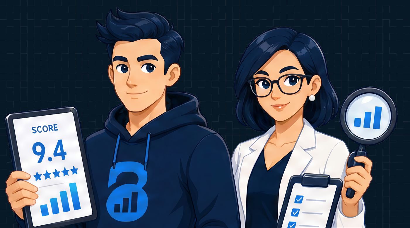 The Analyst holding a score tablet showing 9.4 and The Guide holding a magnifying glass and reviewer clipboard — Best OnlyFans Reviews companion mascots