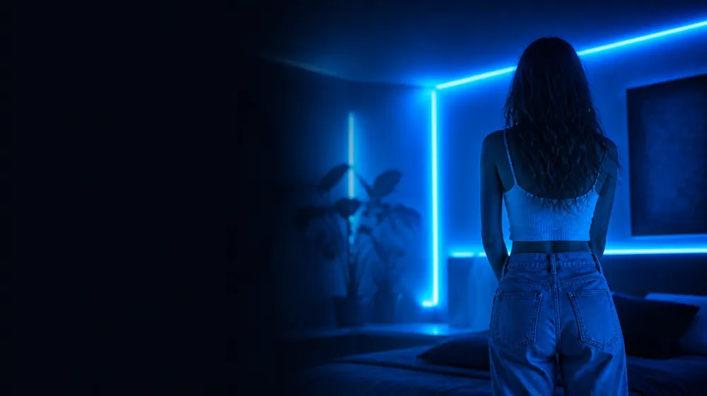 19 Year Old OnlyFans creators — young woman in a bedroom lined with LED lights