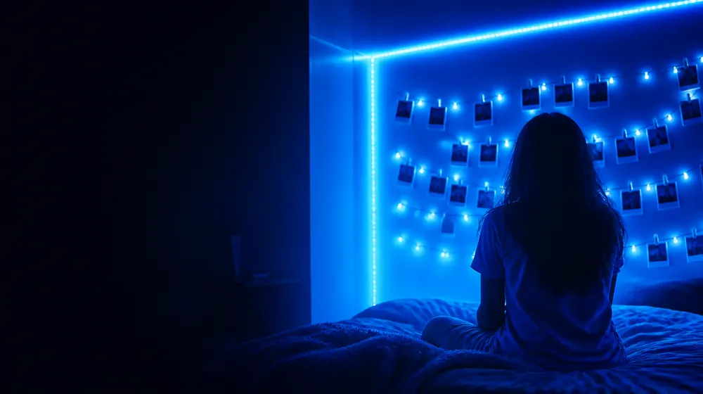 20 Year Old OnlyFans creators — young woman in a bedroom lined with LED lights, polaroid photos strung on fairy lights
