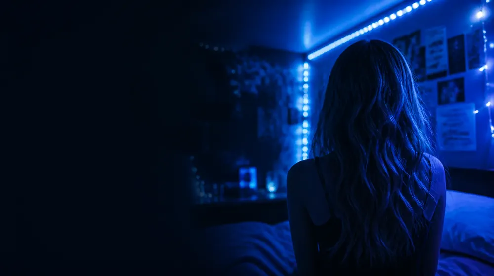 22 Year Old OnlyFans creators — young woman in a bedroom lined with LED lights, a dorm-style room with string lights and posters