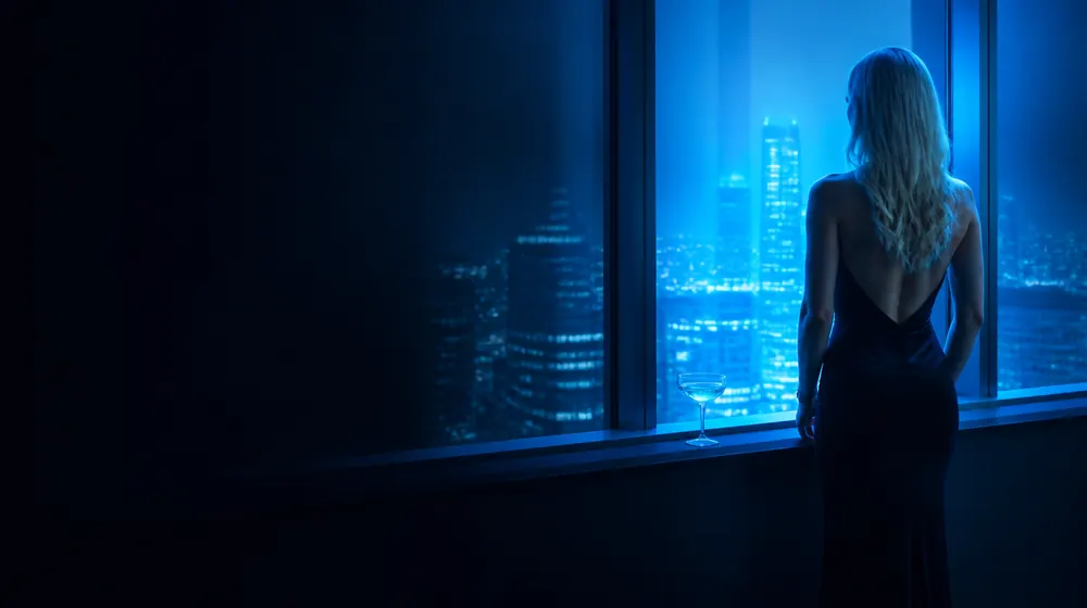 30 Year Old OnlyFans creators — elegant blonde woman in a penthouse above city lights, a champagne coupe waiting on the window ledge