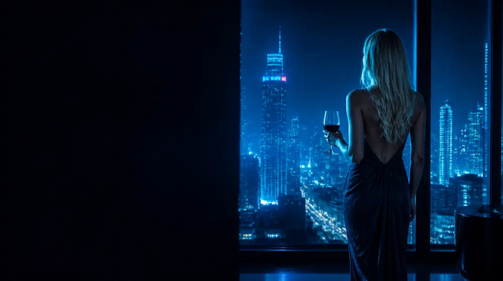 40 Year Old OnlyFans creators — elegant blonde woman in a penthouse above city lights, a wine glass and city view from the suite