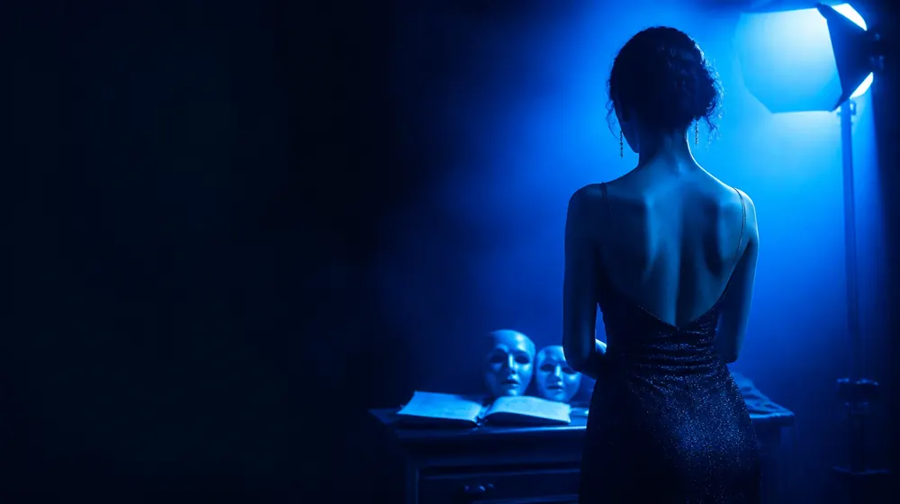 Actress OnlyFans creators — woman posing under glowing softbox studio lights, theatre masks and a script on the dresser