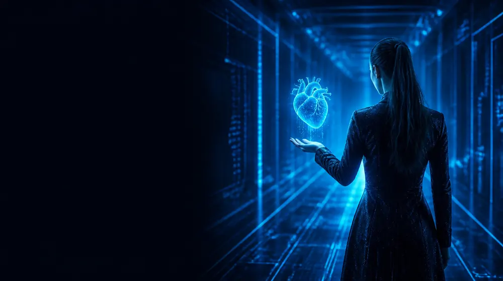Ai Girlfriend OnlyFans creators — woman in a futuristic corridor of glowing circuit patterns, a holographic heart floating over her palm