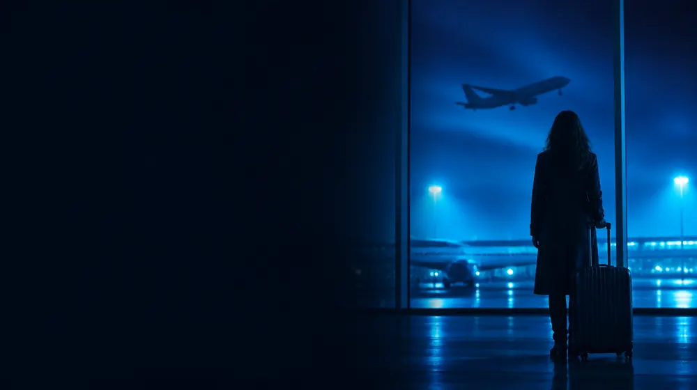 Airplane OnlyFans creators — woman with a suitcase at an airport window at night, a jet silhouette crossing the terminal glass