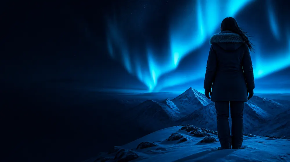 Alaska OnlyFans creators — woman beneath aurora lights over a snowy ridge, aurora glowing above snow-covered peaks