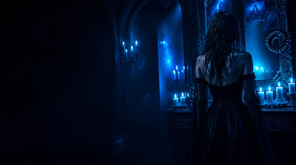 Alt Girl OnlyFans creators — woman in a black gown in a candle-lit gothic hall, band posters and a spiked choker on the mirror