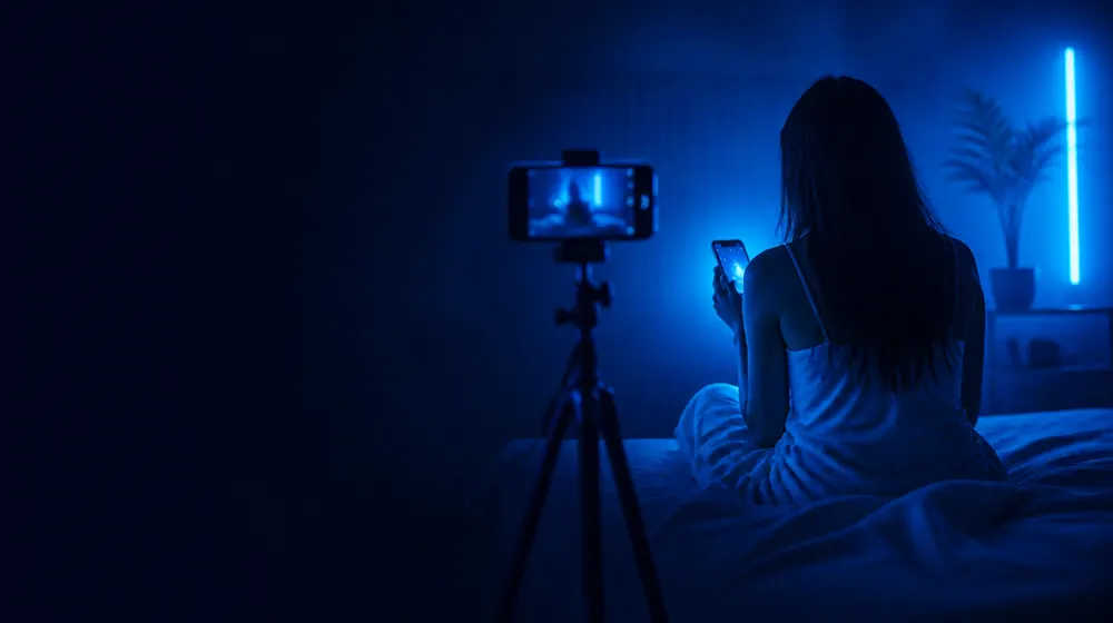 Amateur OnlyFans creators — woman on a bed lit by a smartphone glow, a tripod phone filming the cosy room