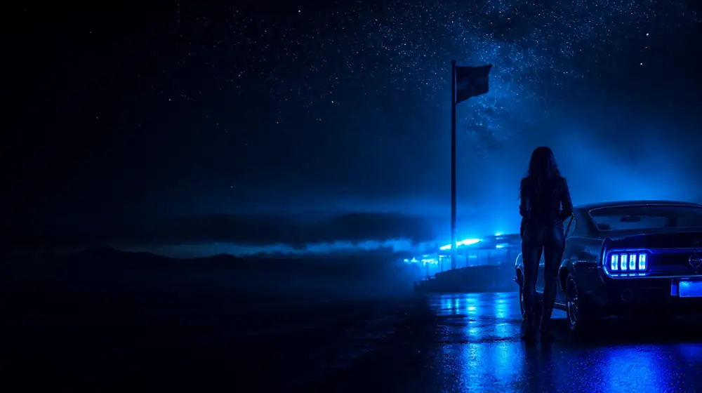 American OnlyFans creators — woman beside a classic muscle car on a starlit highway, a giant flagpole silhouette at a roadside stop