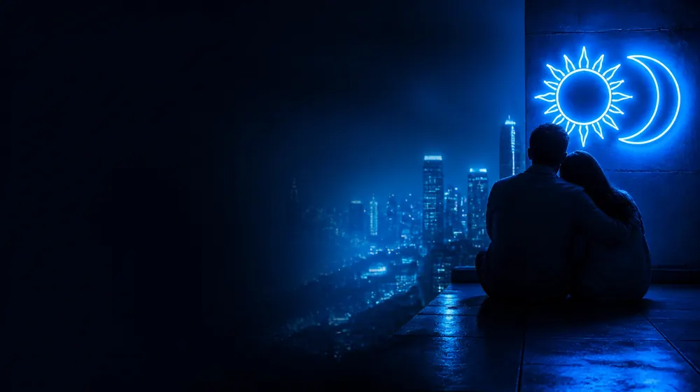 Amwf OnlyFans creators — couple embracing on a rooftop above a glowing city, sun and moon neon signs paired on the wall