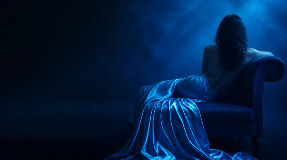 Anal Creampie OnlyFans içerik üreticileri — bir şezlongda uzanmış, ipek slip elbise giyen kadın, şezlongdan dökülen dalgalı ipek kıvrımları