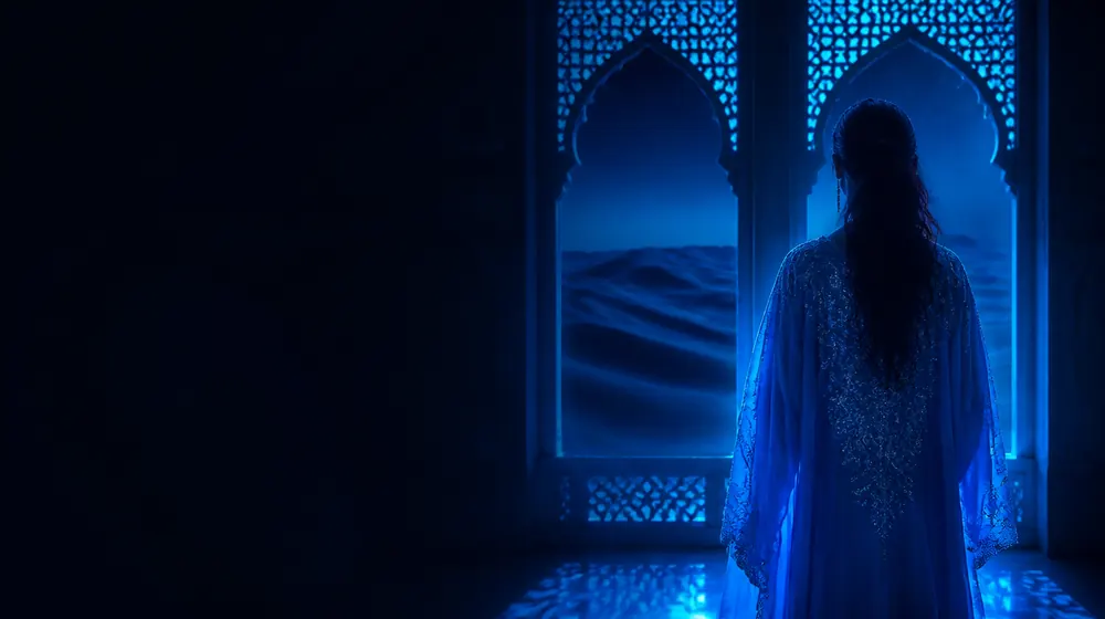 Arab OnlyFans creators — woman in a kaftan before glowing arches and desert dunes