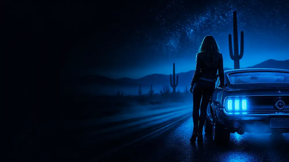 Arizona OnlyFans creators — woman beside a classic muscle car on a starlit highway, tall saguaro cactus silhouettes beside the road