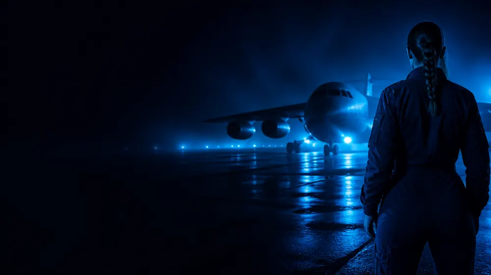 Army OnlyFans creators — woman in uniform on a night airfield, a transport plane looming on the tarmac