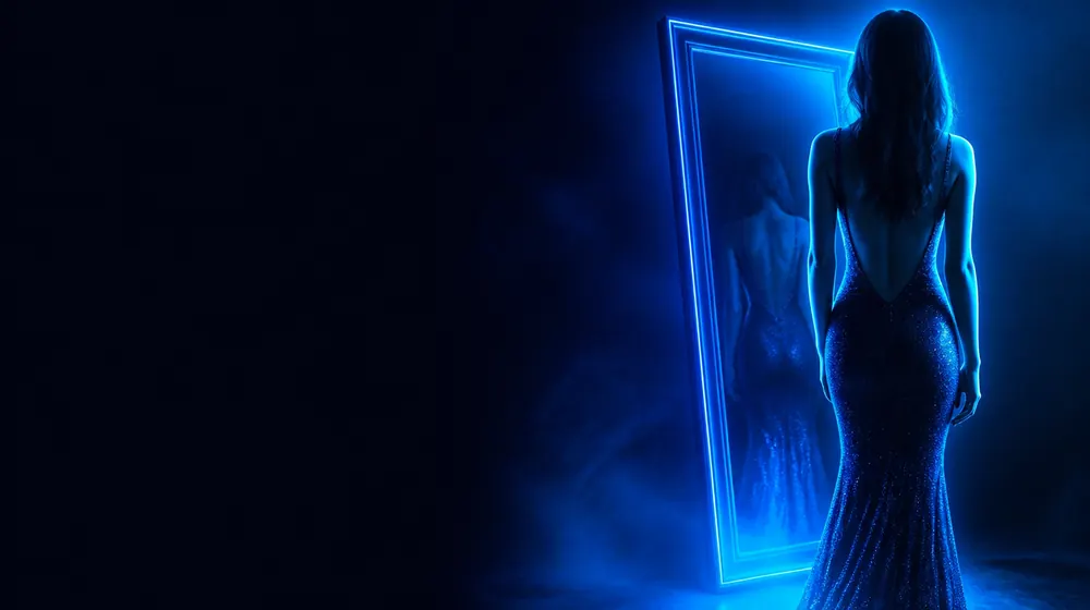 Ass On OnlyFans creators — woman in a fitted evening dress in neon rim light, a full-length mirror angled behind her