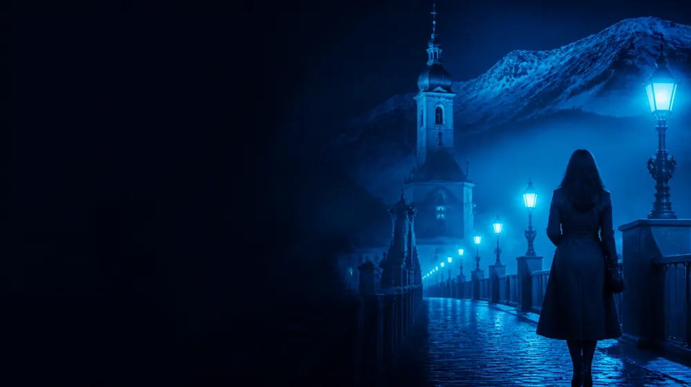 Austrian OnlyFans creators — woman in a long coat on a lantern-lit cobblestone street, alpine peaks behind a baroque spire
