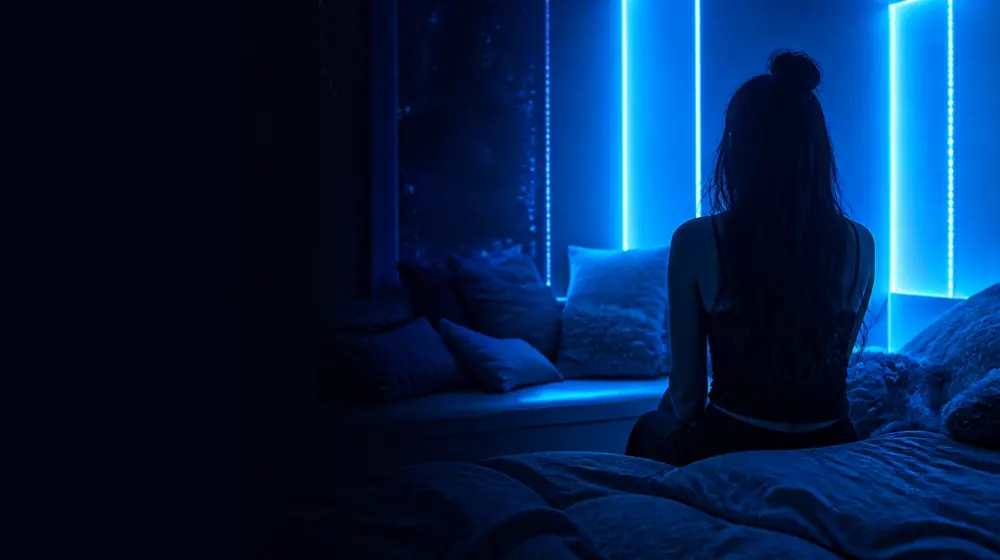 Baby Face OnlyFans creators — young woman in a bedroom lined with LED lights, plush cushions piled on the window seat