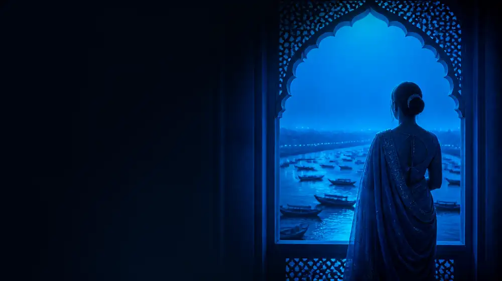 Bangladeshi OnlyFans creators — woman in a sari before a glowing jali archway, a river delta of long wooden boats