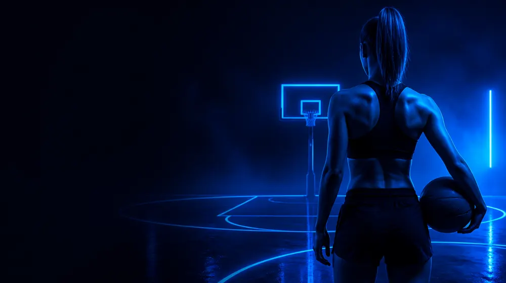Basketball OnlyFans creators — woman with a basketball on a neon-lit night court