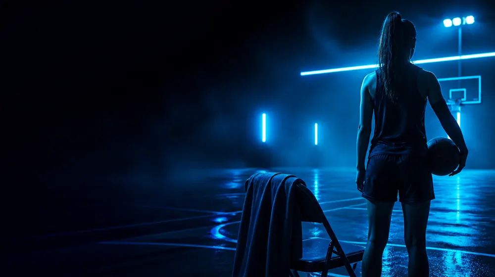 Basketball Player OnlyFans creators — woman with a basketball on a neon-lit night court, a jersey hung over the courtside chair