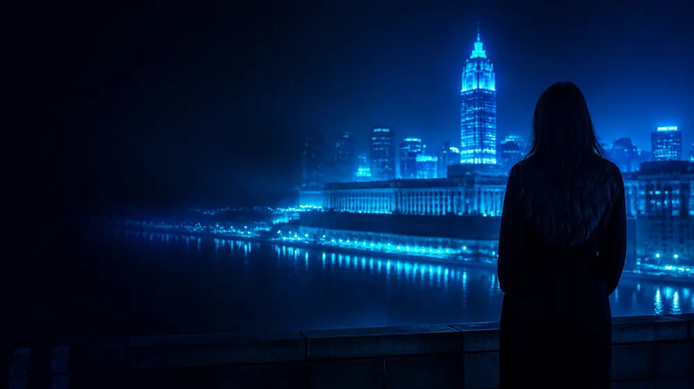 Baton Rouge OnlyFans creators — woman on a rooftop overlooking a glowing skyline, the art deco capitol tower above the levee