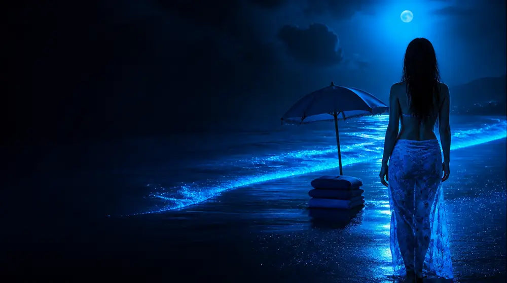 Beach OnlyFans creators — woman in a sarong on a moonlit beach with glowing surf, an umbrella and towels waiting on the tideline