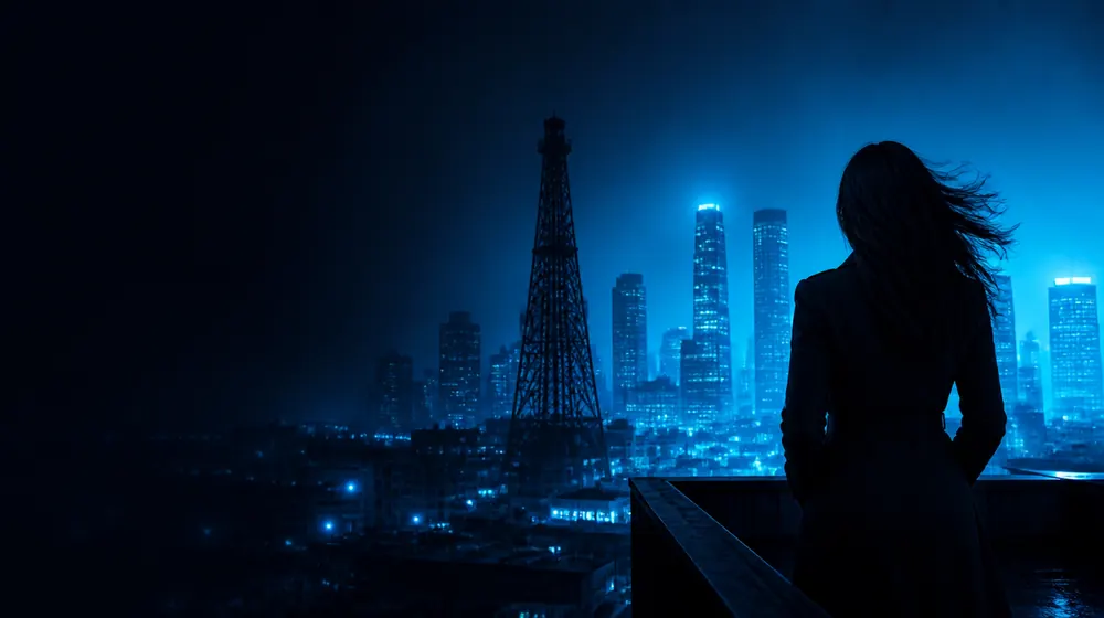Beaumont OnlyFans creators — woman on a rooftop overlooking a glowing skyline, a historic oil derrick rising beside the skyline