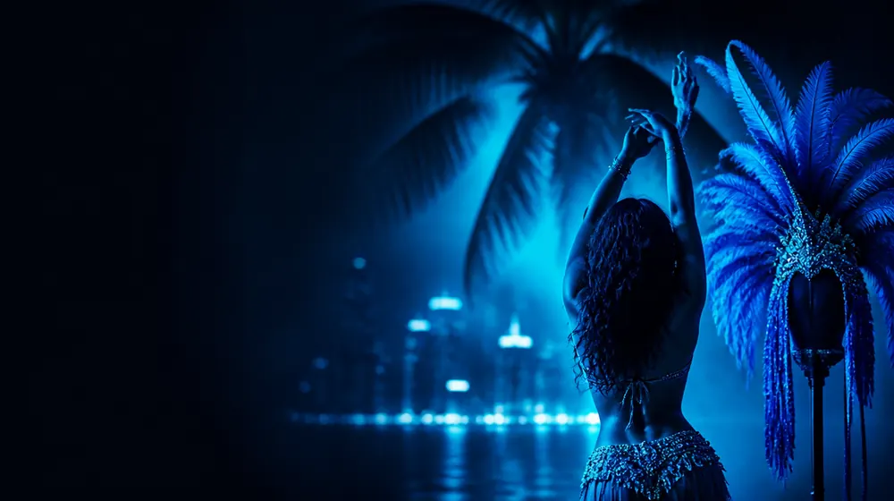 Big Ass Latina OnlyFans creators — woman dancing under palm silhouettes and city lights, a carnival feather headdress on the stand