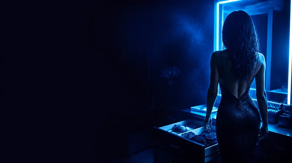 Big Boobs OnlyFans creators — woman in a fitted evening dress in neon rim light, a lingerie drawer open at the vanity