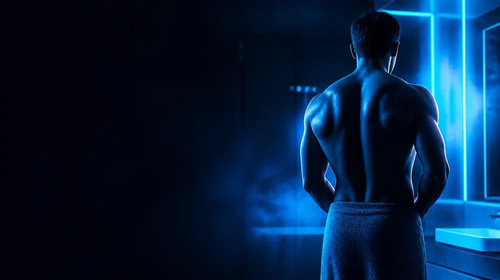 OnlyFans tvůrci v nice Big Dick — atletický muž v podmanivě modře osvětlené koupelně