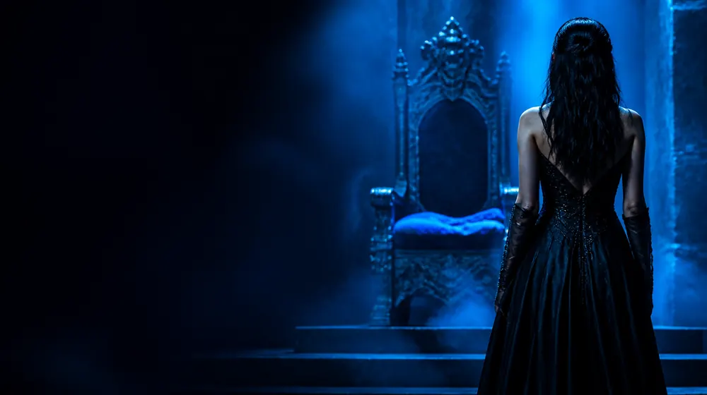 Blindfold OnlyFans creators — woman in a black gown before a throne in blue light, a silk blindfold laid across the pillow