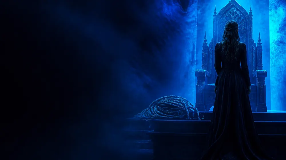 Bondage OnlyFans creators — woman in a black gown before a throne in blue light, soft rope coils arranged on the dark bench