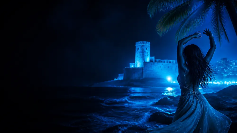Boricua OnlyFans creators — woman dancing under palm silhouettes and city lights, a coastal fortress tower above the waves