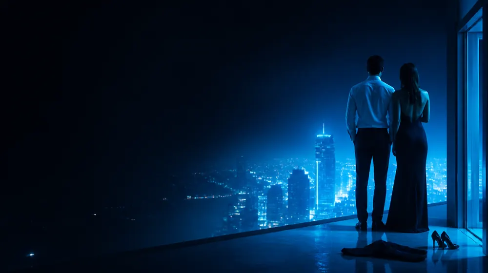 Boy Girl OnlyFans creators — couple embracing on a rooftop above a glowing city, his jacket and her heels by the door