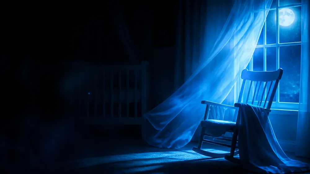 Breastfeeding OnlyFans creators — silk fabric rippling in cool blue light, a rocking chair by the moonlit nursery window