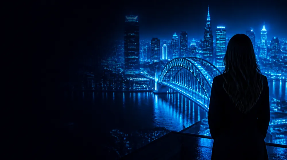 Brisbane OnlyFans creators — woman on a rooftop overlooking a glowing skyline, a great arched steel bridge over the river