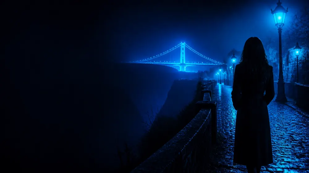 Bristol OnlyFans creators — woman in a long coat on a lantern-lit cobblestone street, a lamplit suspension bridge across the gorge