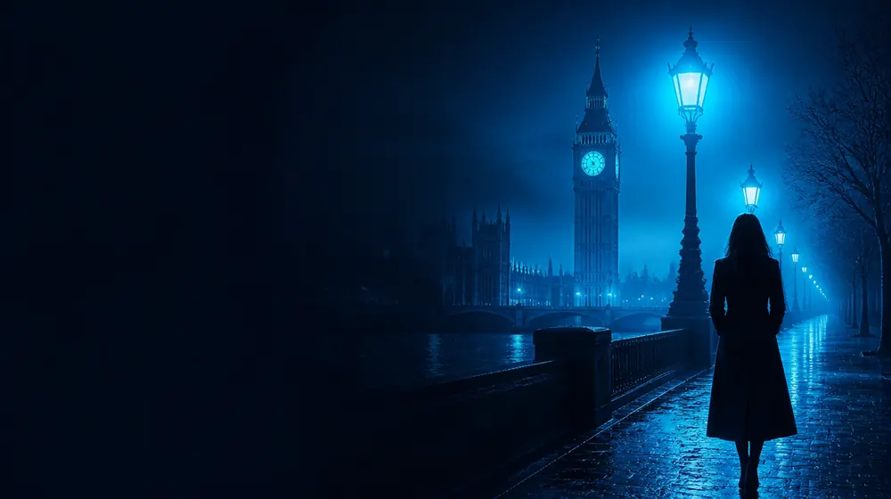 British OnlyFans creators — woman in a long coat on a lantern-lit cobblestone street, a great clock tower rising over the river