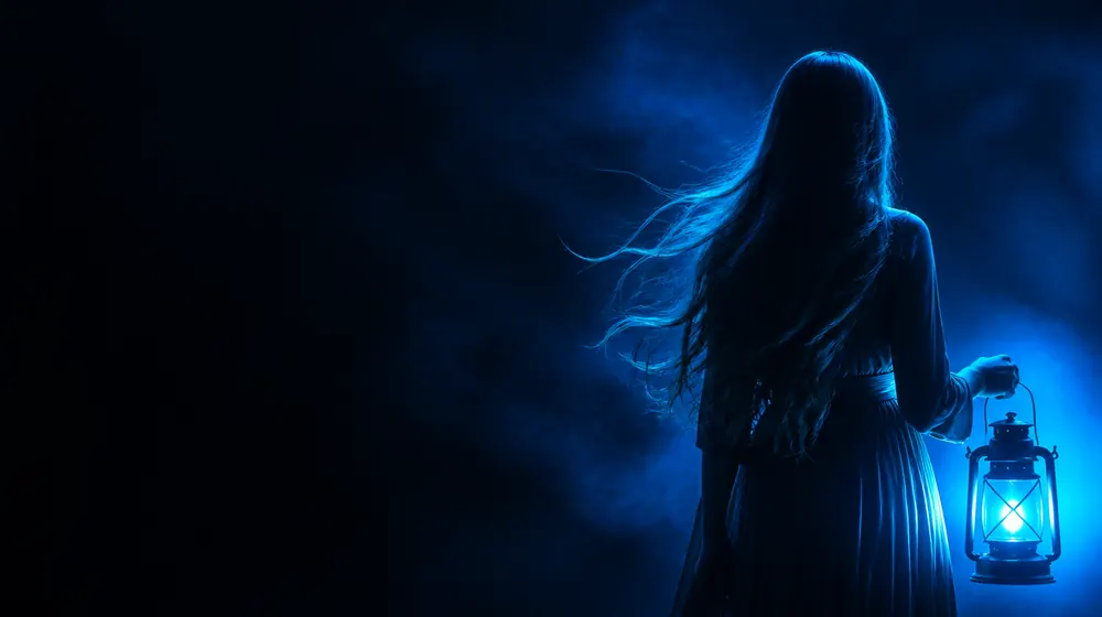 Brown Eyes OnlyFans creators — long flowing hair catching bright blue rim light, a candle-free lantern lighting her eyes