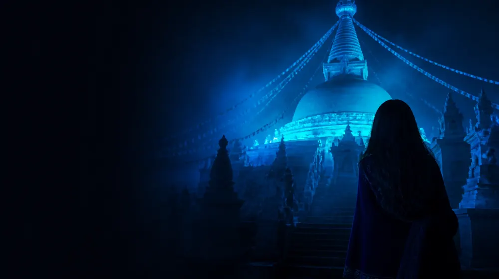 Buddhist OnlyFans creators — woman before an ancient temple on a misty night, a stupa dome strung with prayer flags