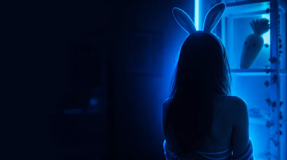 ครีเอเตอร์ OnlyFans หมวด Bunny — หญิงสวมที่คาดผมหูกระต่ายในแสงนีออนนุ่มนวล ตุ๊กตาผ้ารูปแครอทบนชั้นวาง