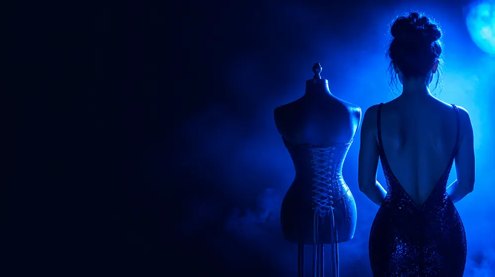 Busty OnlyFans creators — woman in a fitted evening dress in neon rim light, a corset laced on the dress form nearby