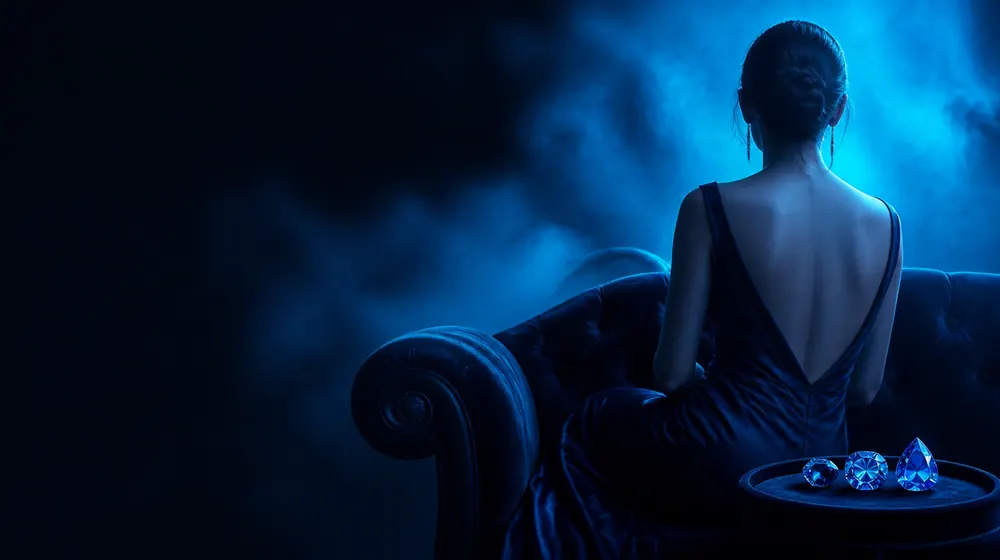 Butt Plugs OnlyFans creators — woman in a silk slip dress reclining on a chaise longue, a gem trio displayed on velvet