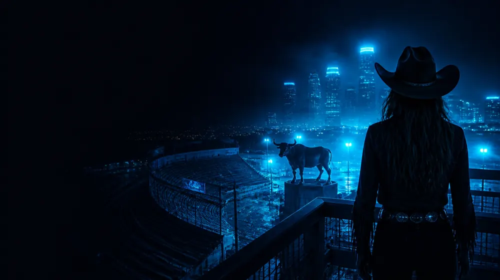 Calgary OnlyFans creators — woman on a rooftop overlooking a glowing skyline, rodeo grandstands and a bucking bull sculpture