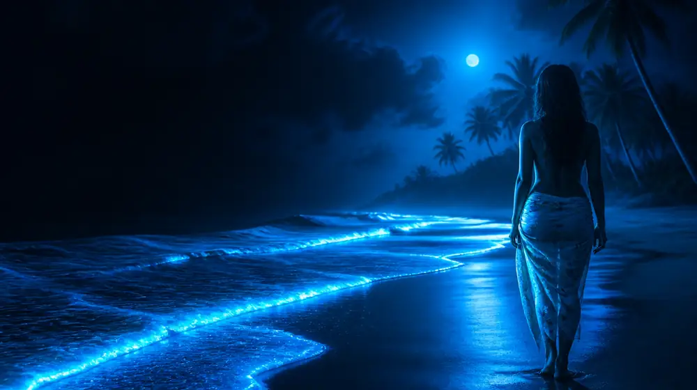 California OnlyFans creators — woman in a sarong on a moonlit beach with glowing surf, palm trees lining the moonlit shore