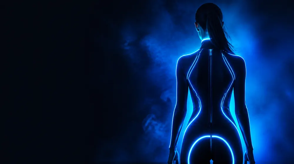 Catsuit OnlyFans creators — woman in a glossy catsuit traced by neon light, a zipper pull glinting at the collar