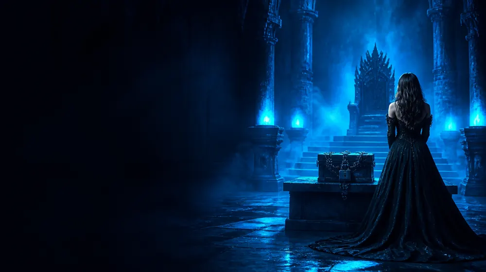 CBT OnlyFans creators — woman in a black gown before a throne in blue light, a chained lockbox on the stone table