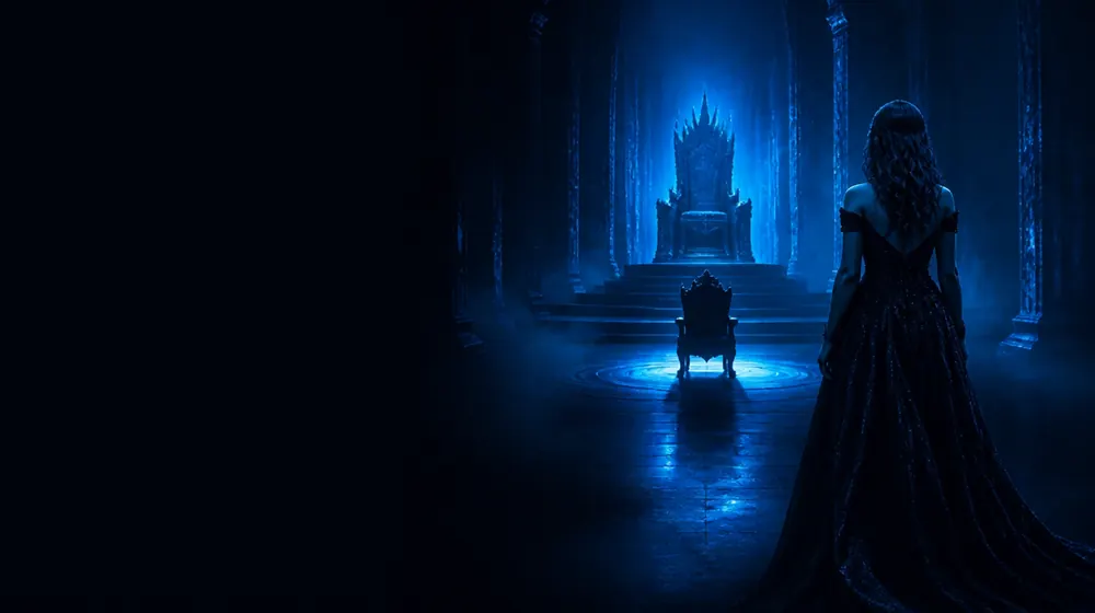CEI OnlyFans creators — woman in a black gown before a throne in blue light, a single spotlight chair facing the throne