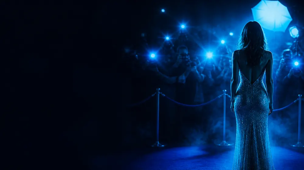 Celebrity OnlyFans creators — woman posing under glowing softbox studio lights, camera flashes bursting beyond the rope line