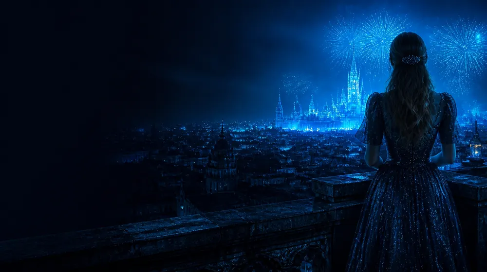 Central Florida OnlyFans creators — woman on a rooftop overlooking a glowing skyline, fairytale castle spires and fireworks on the horizon